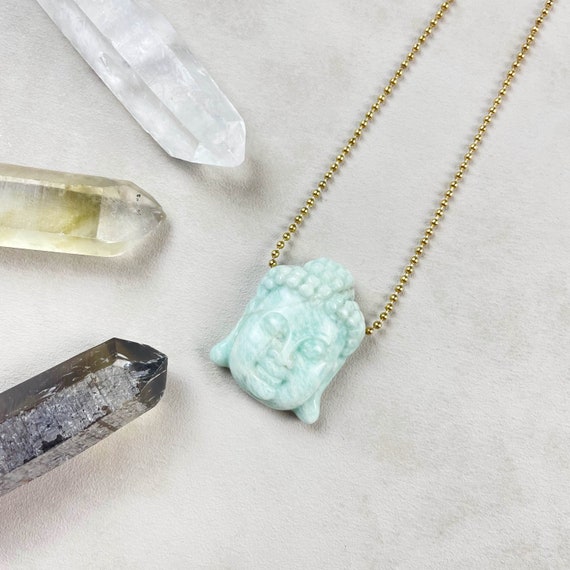 Aventurine Buddha Necklace, Carved Gemstone Necklace, Gold Statement Layering Necklace (EPJ-NC19AGA10)