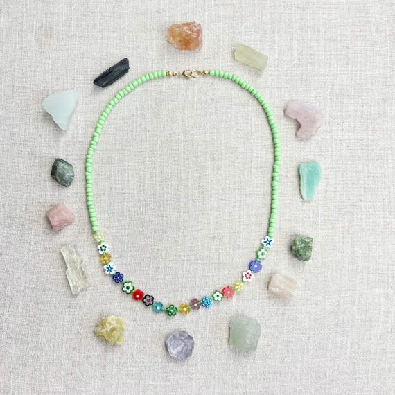Bloomie/// Green Daisy Beaded Layering Necklace (EPJ-NSB55-GR)