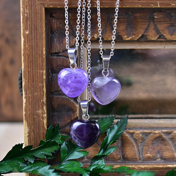 Small 16mm Amethyst Heart Necklace, Silver Gemstone Necklace, Layering Statement Necklace (EPJ-NW20ABD34)