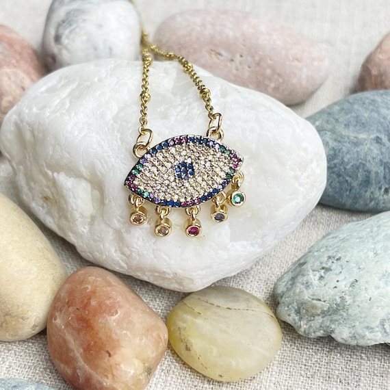 Divine Sight/// Gold Colorful Crystal Eye Charm Necklace (EPJ-N1AA69)