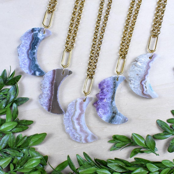 Gold Large Raw Crescent Moon Amethyst Slice Necklace, Gold Layering Pendant Necklace (EPJ-NBA15)
