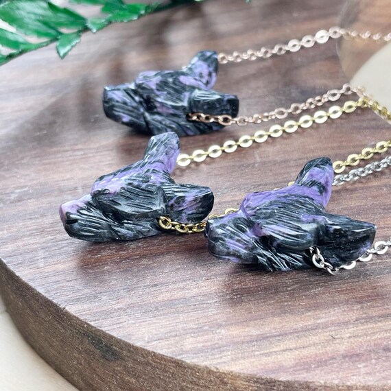 Mini Charoite Carved Wolf Necklace, Gold Gemstone Layering Necklace, Statement Pendant Necklace (EPJ-WAAA14)