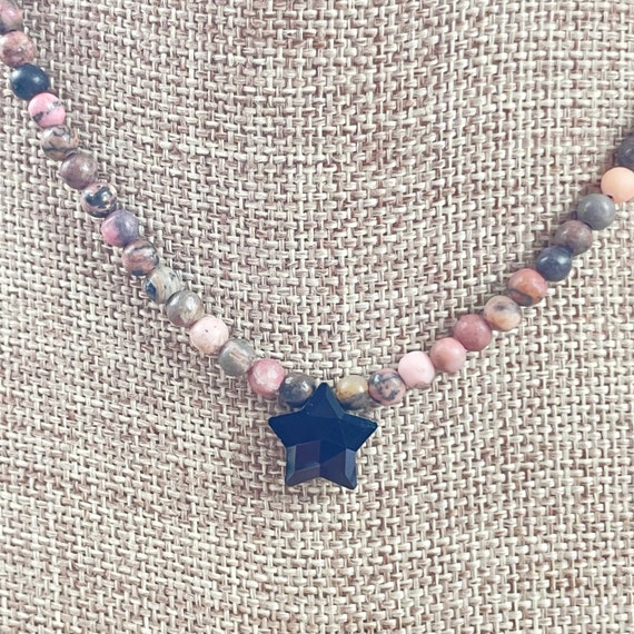 Stel// Black Agate Star Rhodonite Beaded Necklace (EPJ-NSBB11-RB)