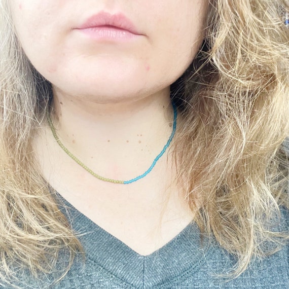Bri// Olive Blue Matte Crystal Beaded Delicate Necklace (EPJ-NSBA18-OB)
