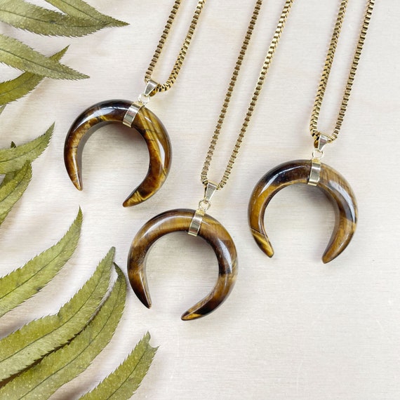 Gold Tiger Eye Crescent  Moon Necklace (EPJ-N24A62)