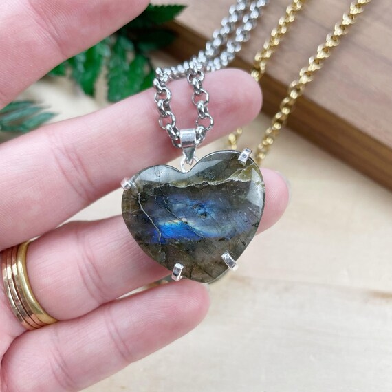 Labradorite Heart Prong Necklace, Gold Silver Gemstone Stone Charm Necklace, Layering Simple Necklace (EPJ-NAWA21)