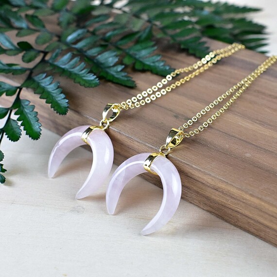 Rose Quartz Moon Necklace, Crescent Moon Necklace, Gold Gemstone Necklace, Layering Statement Necklace (EPJ-NL20CAA12)