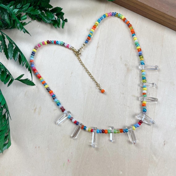 Akida/// Quartz Rainbow Czech Glass Beaded Necklace, Gold Gemstone Colorful Choker Necklace, Layering Statement Necklace (DEJ-21BAA17)