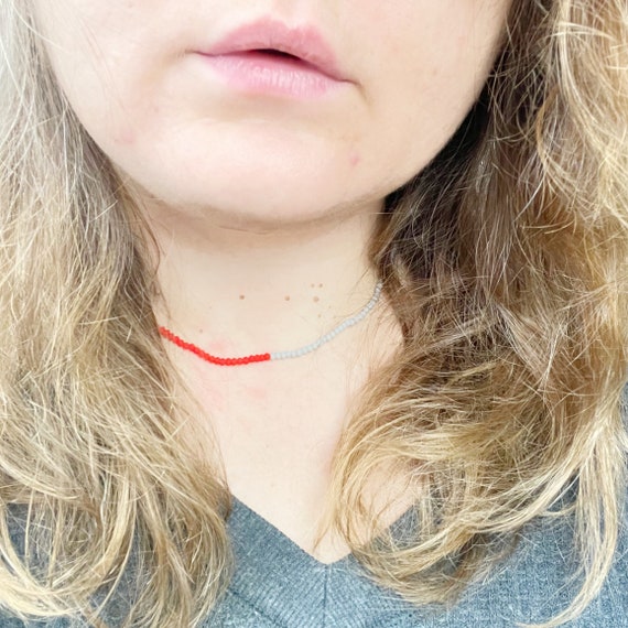 Bri// Red Grey Matte Crystal Beaded Delicate Necklace (EPJ-NSBA18-RG)