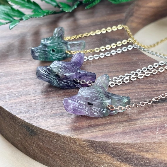 Mini Fluorite Carved Wolf Necklace, Gold Gemstone Layering Necklace, Statement Pendant Necklace (EPJ-WAAA14)