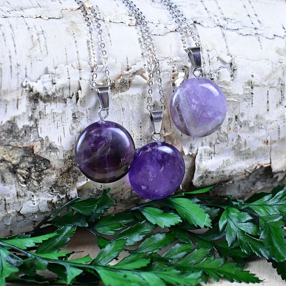 Round 20mm Amethyst Necklace, Silver Gemstone Necklace, Layering Statement Necklace (EPJ-NW20ADA10)