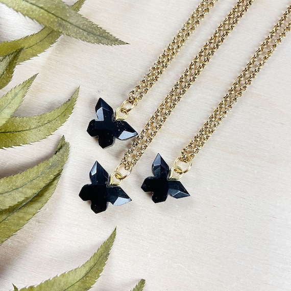 Gold Black Onyx Faceted Butterfly Charm Necklace (EPJ-N24A28-BO)