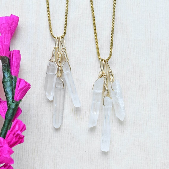 Triple Quartz Drop Necklace, Gold Gemstone Crystal Tassel Necklace, Statement Gem Necklace (EPJ-NQA20AAA10)