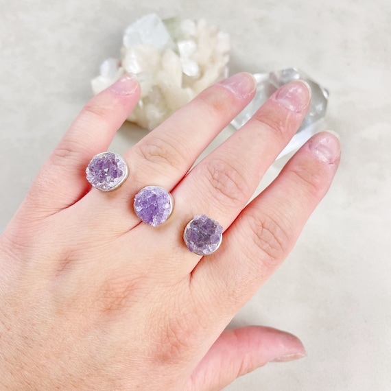 Silver Amethyst Druzy Double Finger Statement Ring (EPJ-RODA11)