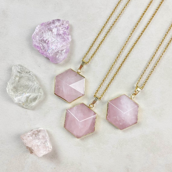 Rose Quartz Hexagon Pyramid Pendant Necklace (EPJ-OAA14)