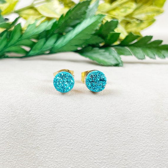 Blue Titanium Round Druzy Stud Earrings (EPJ-E3BAB12-BL)