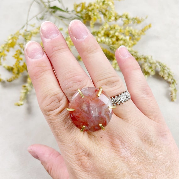 Raw Brass Pink Agate Gemstone Crystal Ring (EPJ-RB10-18)