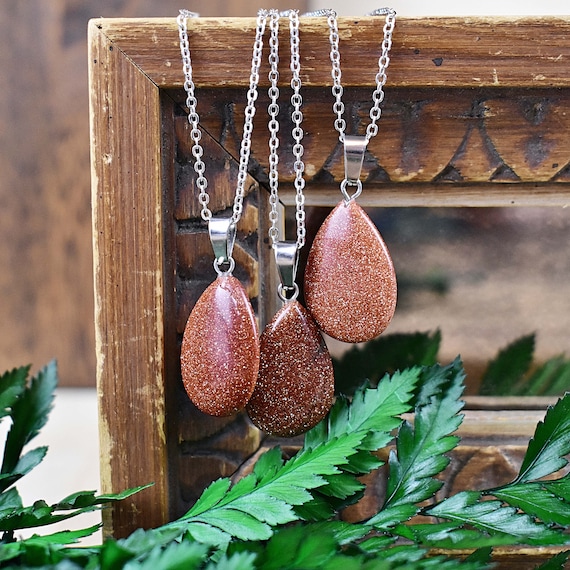 Red Goldstone 16x24mm Teardrop Necklace, Silver Gemstone Necklace, Layering Statement Necklace (EPJ-NW20AAA15)