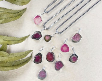 LUXE COLLECTION: Silver Watermelon Tourmaline Slice Necklace (EPJ-N24A14)