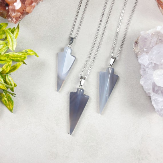 Silver Grey Agate Arrowhead Necklace (EPJ-NBAA18)