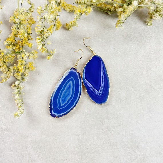 Gold Blue Agate Slice Dangle Earrings (EPJ-EL20AAA10-28)