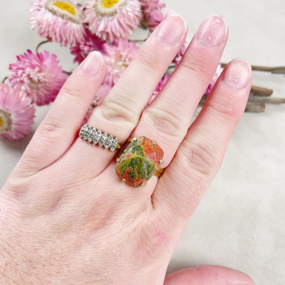 Gold Faceted Unakite Rectangle Gemstone Adjustable Ring (EPJ-RTD12-1)