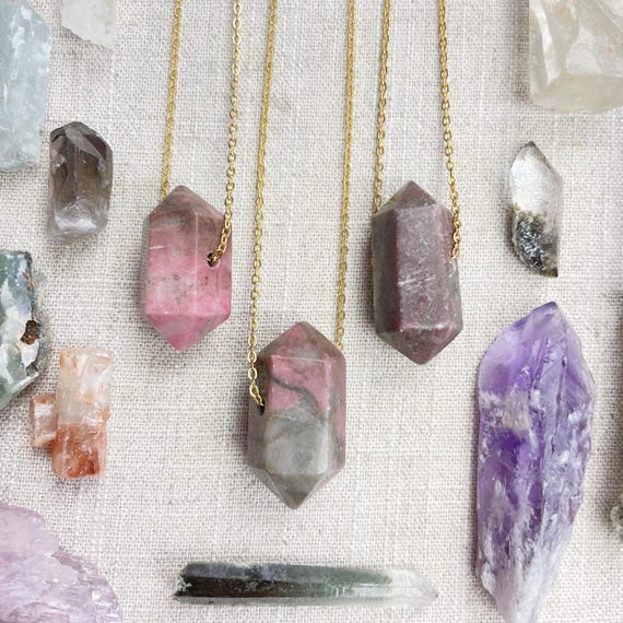 Rhodonite Gemstone Double Terminated Point Necklace (EPJ-NAWA72-RH)
