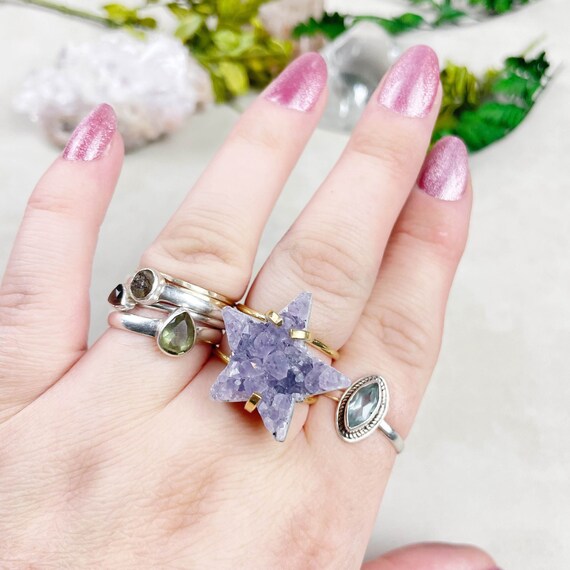 Gold Star Amethyst Druzy Statement Wire Ring (EPJ-RSB10-8)