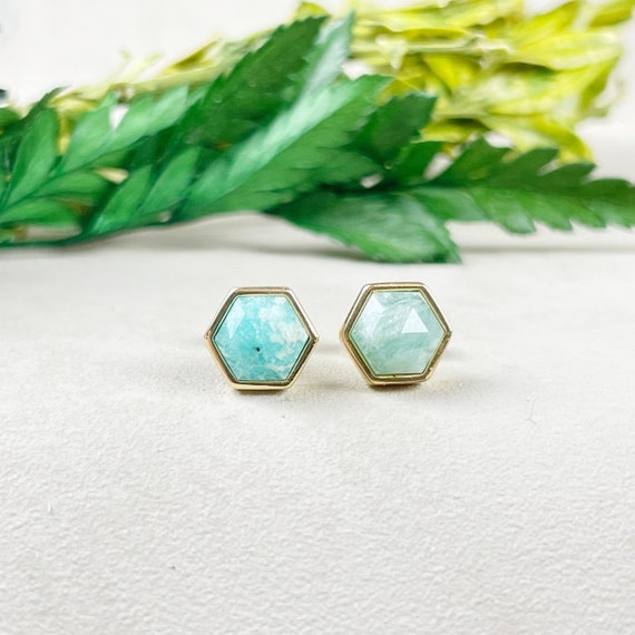 Amazonite Hexagon Bezel Stud Earrings (EPJ-E3BAA14-AZ)