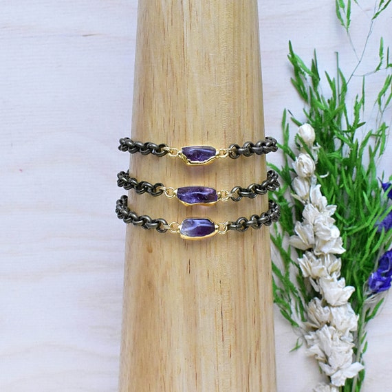 Amethyst Brass Rolo Chain Bracelet, Gold Brass Adjustable Chain Bracelet (EPJ-BH20AAA14)