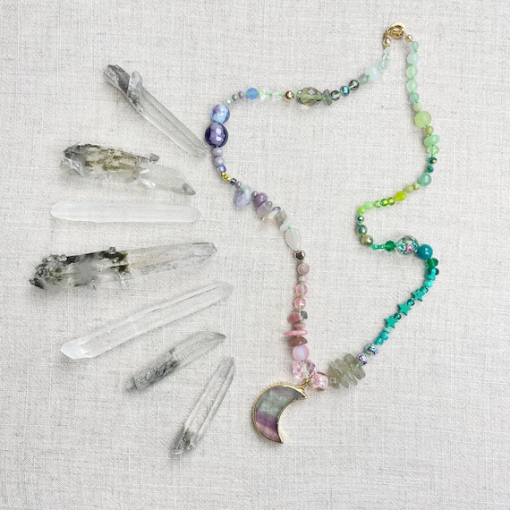 Luxe Confetti/// Moon Pendant Colorful Crystal Gemstone Hand Knotted Beaded Necklace (DEJ-BBCA30-1)