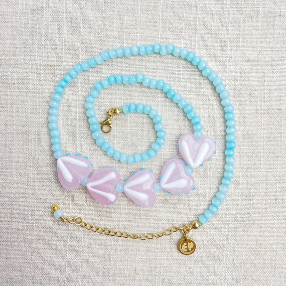 Lovie/// Blue Pink Heart Lampwork Glass Beaded Necklace (DEJ-BBCD13-BP)
