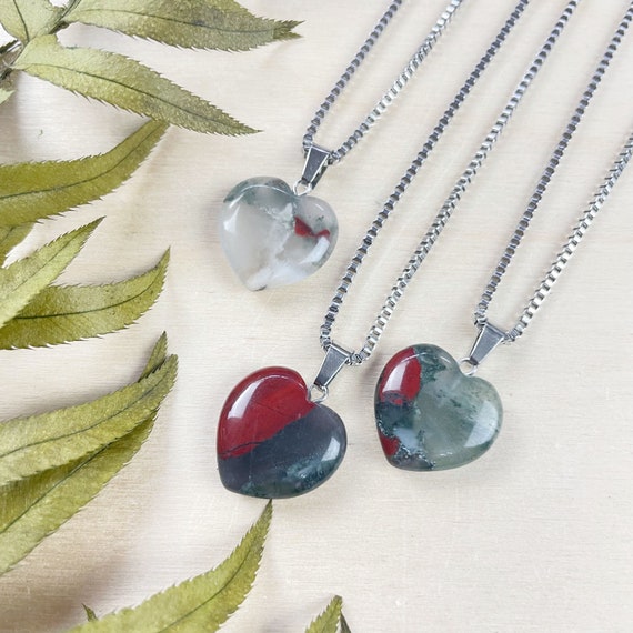 Small 20mm Bloodstone Jasper Heart Necklace, Silver Gemstone Necklace, Layering Statement Necklace (EPJ-N24A25)