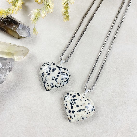 Silver Dalmatian Jasper Puffy Heart Necklace (EPJ-NA26-DJ)