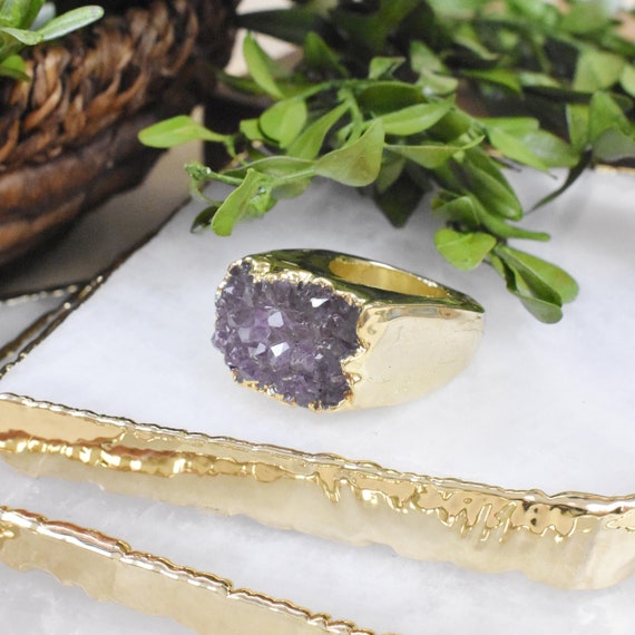 Gold Amethyst Druzy Carved Ring, Gemstone Druzy Ring, Statement Gem Ring, Natural Stone Large Ring, Size 4 (EPJ-RCBA11-11)