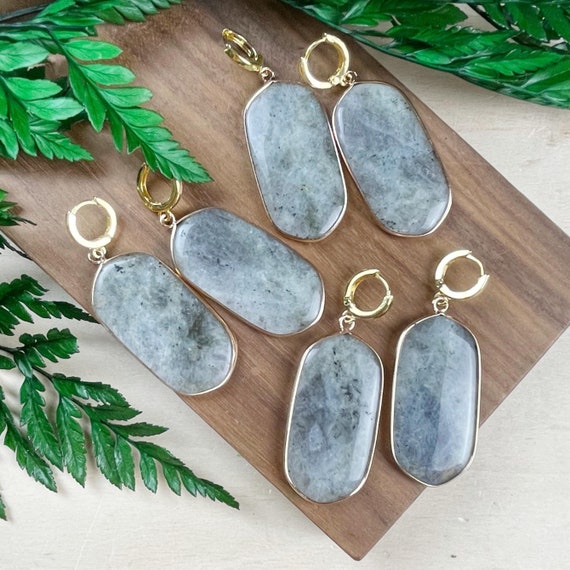 Gold Labradorite Oval Huggies Earrings, Gold Gemstone Statement Earrings, Delicate Huggies Earrings (EPJ-EEAA12)