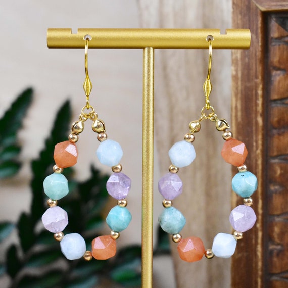 Mix Gemstone Beaded Drop Earrings, Gold Gemstone Chandelier Earrings, Natural Amethyst Amazonite Aventurine Stone (EPJ-E21E14)