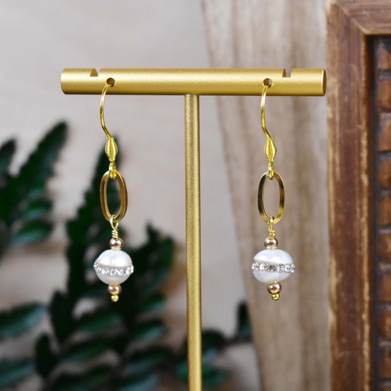 Freshwater Pearl Crystal Drop Earrings, Gold Pearl Bead Earrings, Gold Gemstone Earrings, Statement Huggie Earrings (EPJ-E21EA10)