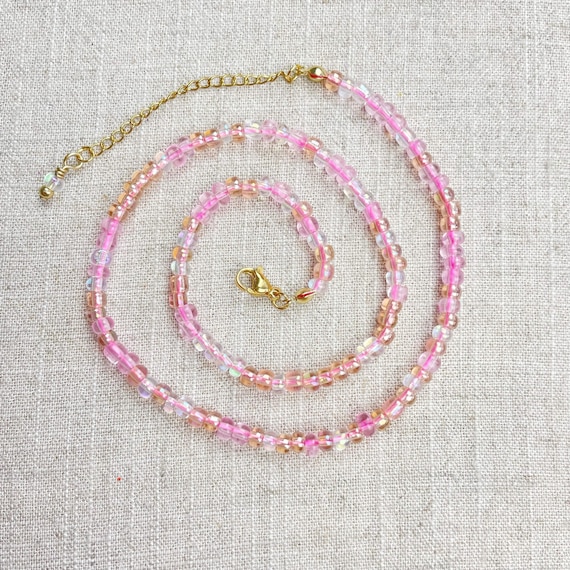 Rose Czech Glass Beaded Choker: Gold Plated Chain, Handmade