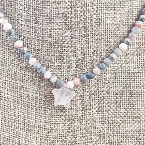 Stel// Rose Quartz Star Pink Zebra Jasper Beaded Necklace (EPJ-NSBB11-ZR)