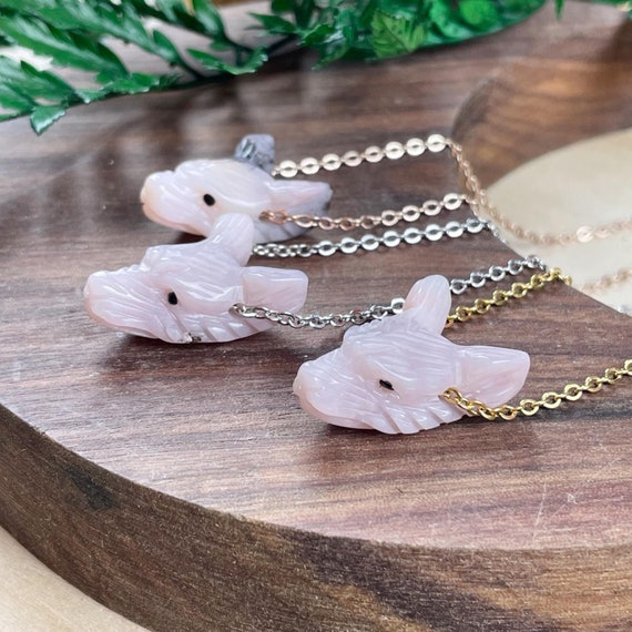 Mini Pink Opal Carved Wolf Necklace, Gold Gemstone Layering Necklace, Statement Pendant Necklace (EPJ-WAAA17)