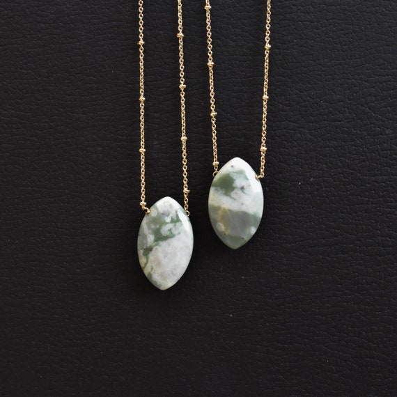 TREE AGATE/// Tree Agate Marquise Gem Drop Delicate Satellite Necklace (EPJ-N19CAC10)