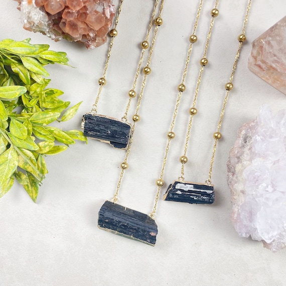 Gold Horizotal Raw Black Tourmaline Necklace (EPJ-NA20)