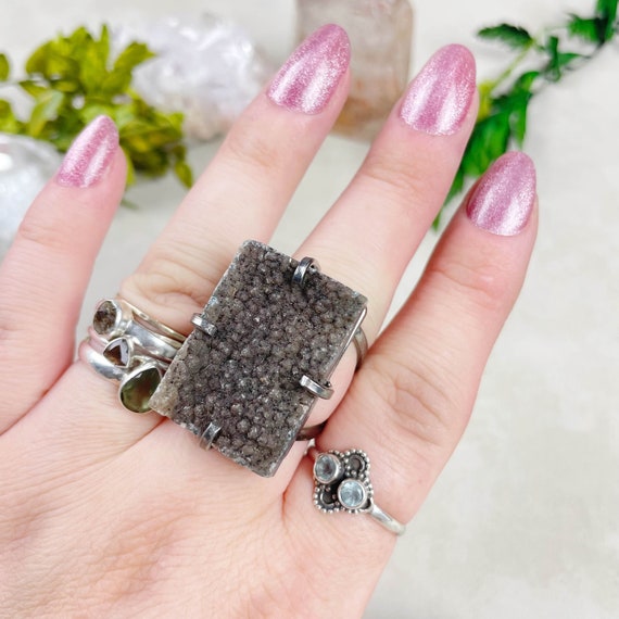 Gunmetal Druzy Rectangle Arc Statement Ring (EPJ-ROCA14-5)