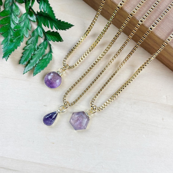 Gold Amethyst Geometric Gemstone Necklace, Gold Layering Pendant Necklace, Natural Stone Layering Necklace (EPJ-NAWB12)