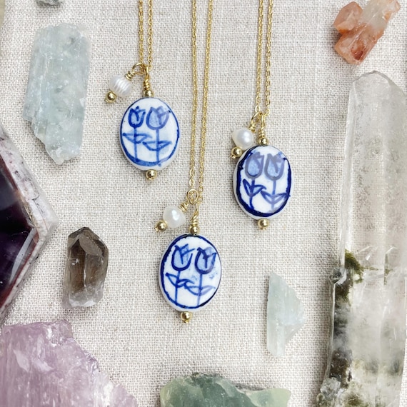 Blue Tulip Ceramic Drop Pearl Delicate Necklace (EPJ-NAAE54-BL)