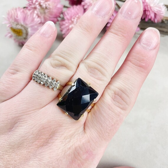 Gold Faceted Onyx Rectangle Gemstone Adjustable Ring (EPJ-RTD12-3)