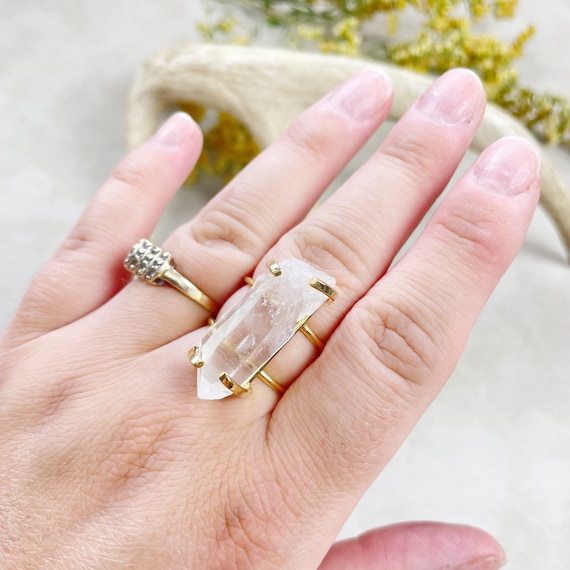 Gold Lemurian Clear Quartz Statement Wire Ring (EPJ-RA11-4)