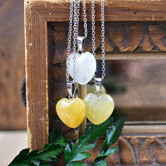 Small 16mm Yellow Aventurine Heart Necklace, Silver Gemstone Necklace, Layering Statement Necklace (EPJ-NW20ABD25)