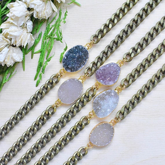 Druzy Brass Chain Wrap Bracelet, Gemstone Adjustable Chain Bracelet, Quartz Druzy Stone Bracelet (EPJ-BH20BAA10)